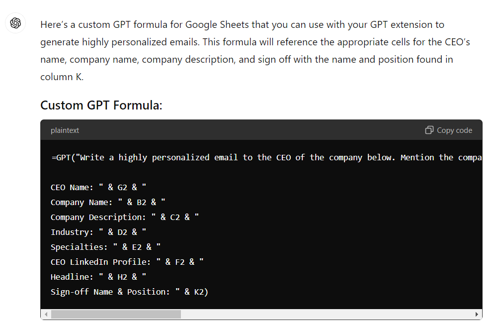 ChatGPT creating a custom formula to write emails in Google Sheets