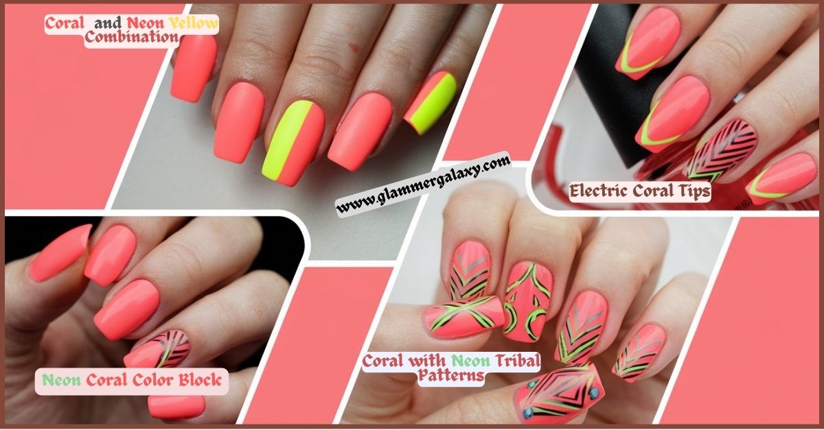 Various nail art designs featuring neon coral and yellow colors with geometric and tribal patterns.