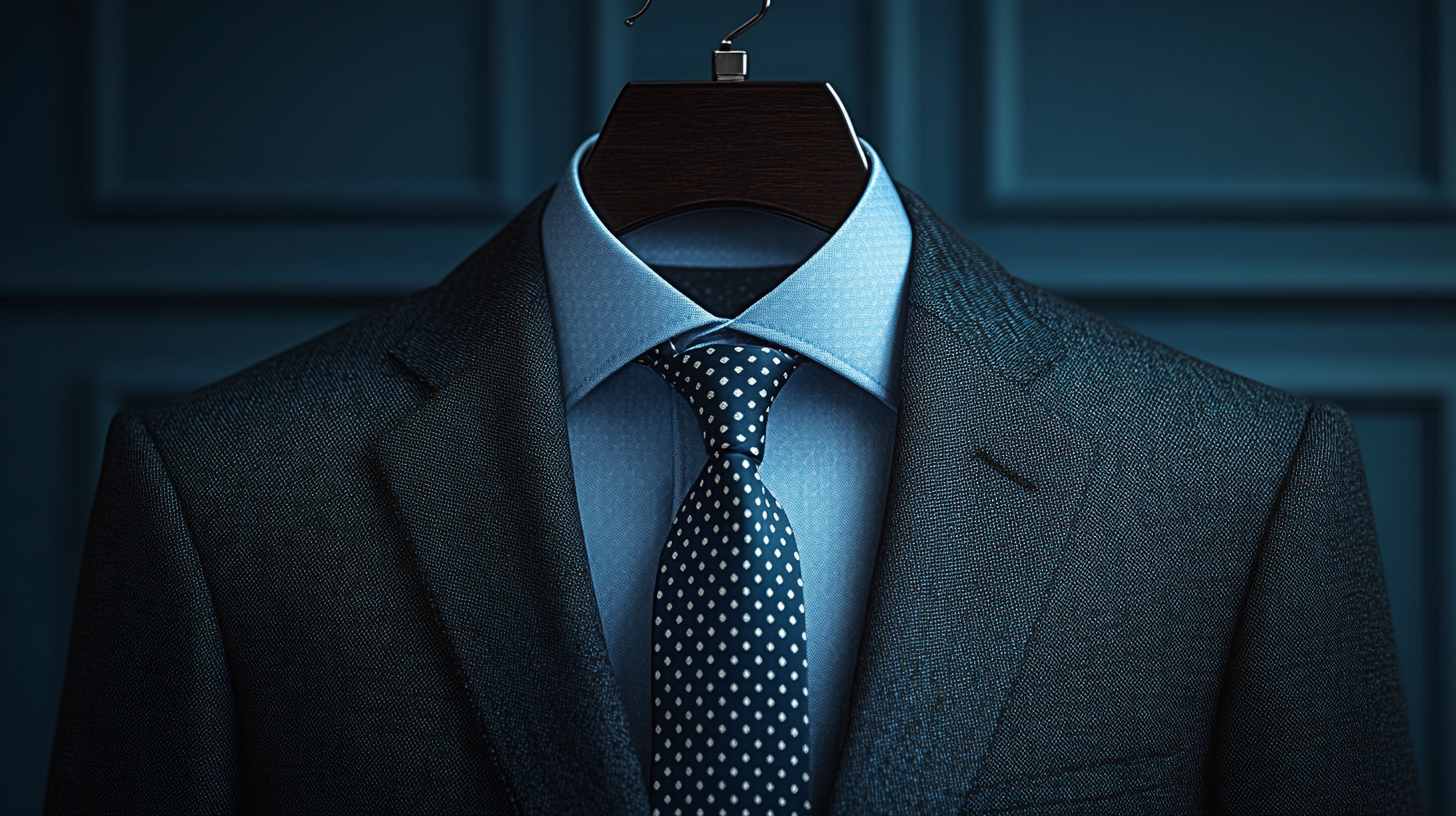 A refined black suit jacket paired with a light blue dress shirt and a subtle patterned tie, neatly hung on a hanger. The tie features elegant stripes or polka dots, adding personality to the sophisticated look. Cool, professional lighting enhances the textures. Ultra-detailed, 8K resolution.