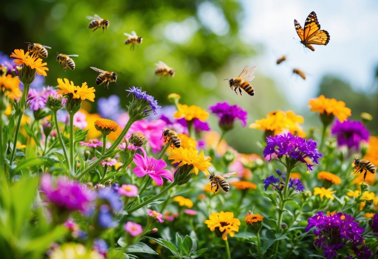 A colorful array of blooming flowers and buzzing bees in a lush garden, with butterflies fluttering among the plants