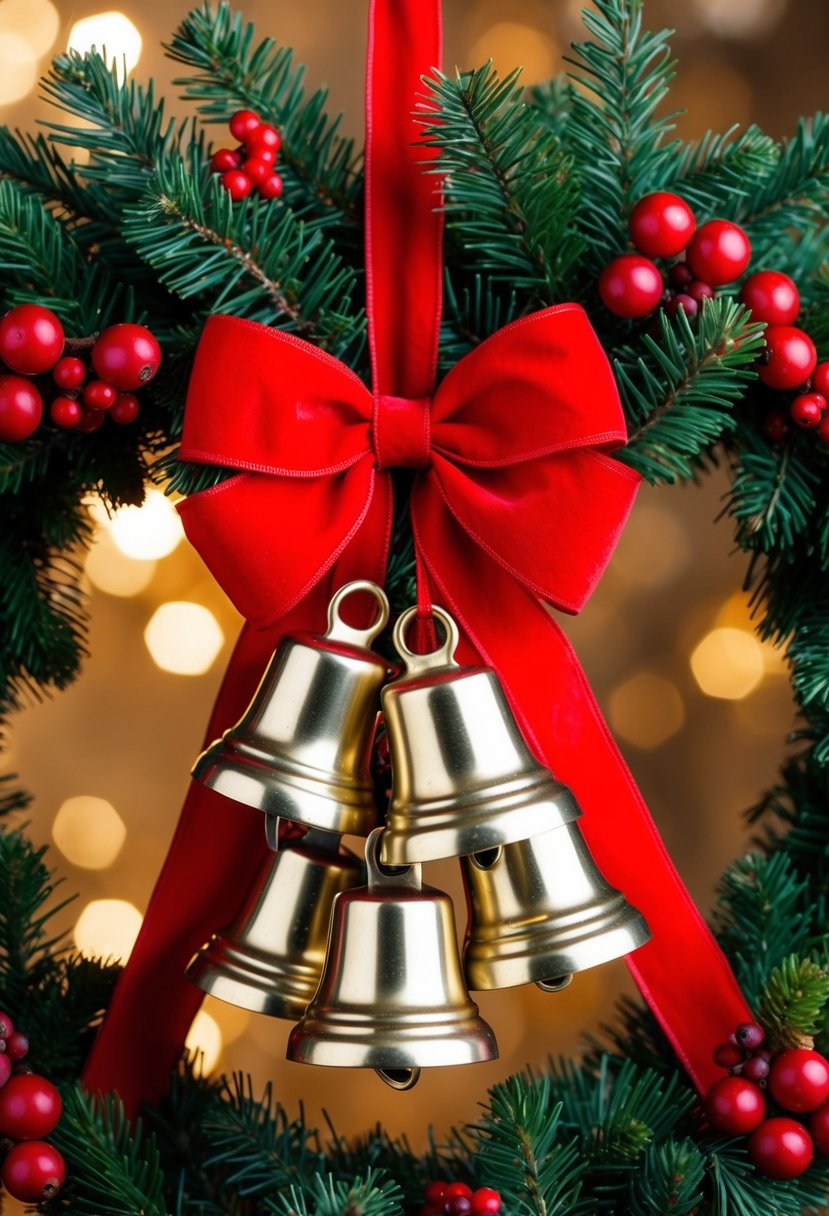 A cluster of jingle bells hang from a festive Christmas wreath, surrounded by pine branches, red berries, and a big red bow