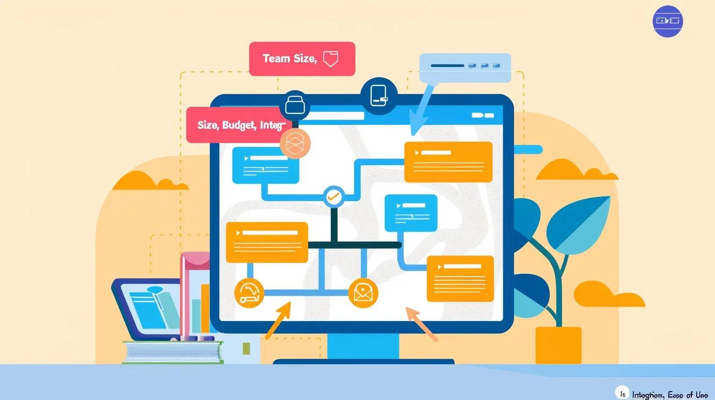 A stylized decision-making flowchart or checklist on a desktop screen, with highlighted decision points like “Team Size,” “Budget,” “Integrations,” and “Ease of Use”—simple and visually organized.