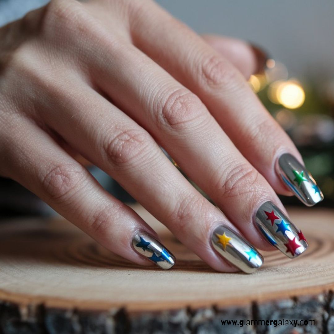 Christmas holiday Nails having Multicolored Chrome Stars
