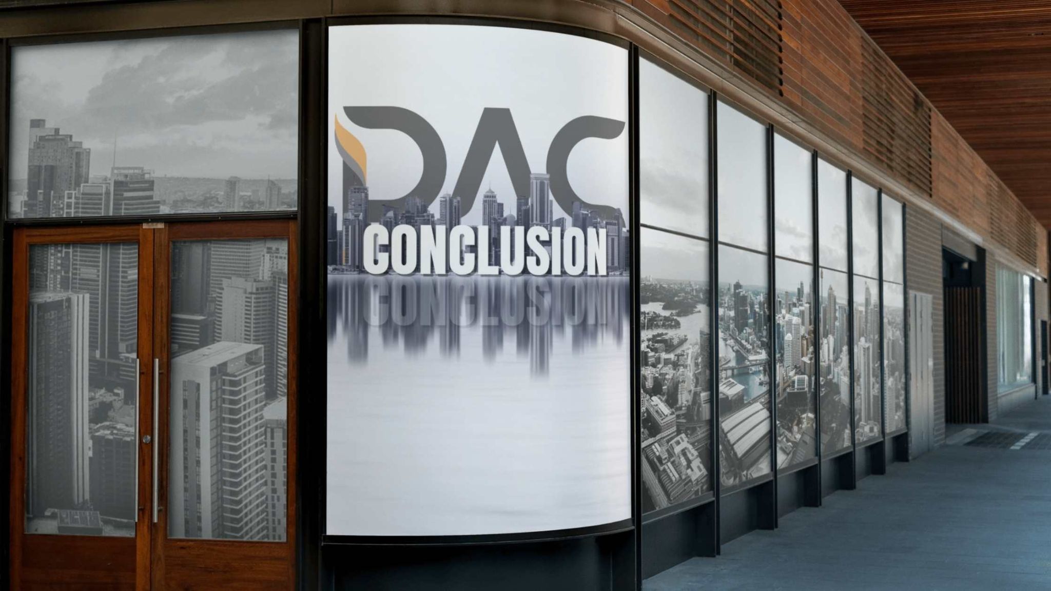 Curved digital display on a modern building featuring the word "Conclusion" and cityscape imagery, symbolizing impactful brand storytelling through Outdoor Digital Display Qatar.