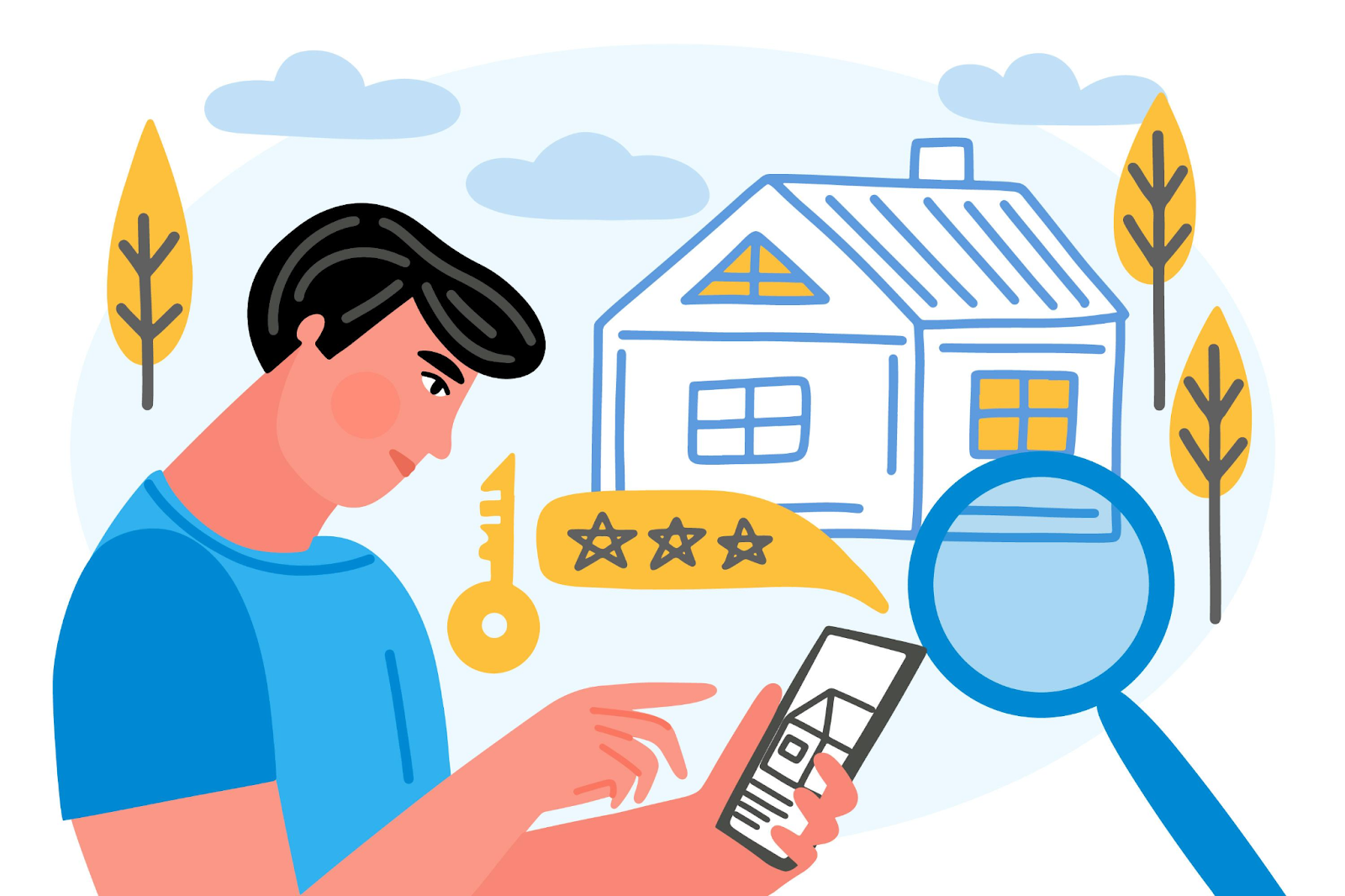 Graphic concept of a man with a phone, house, magnifying glass, and key 