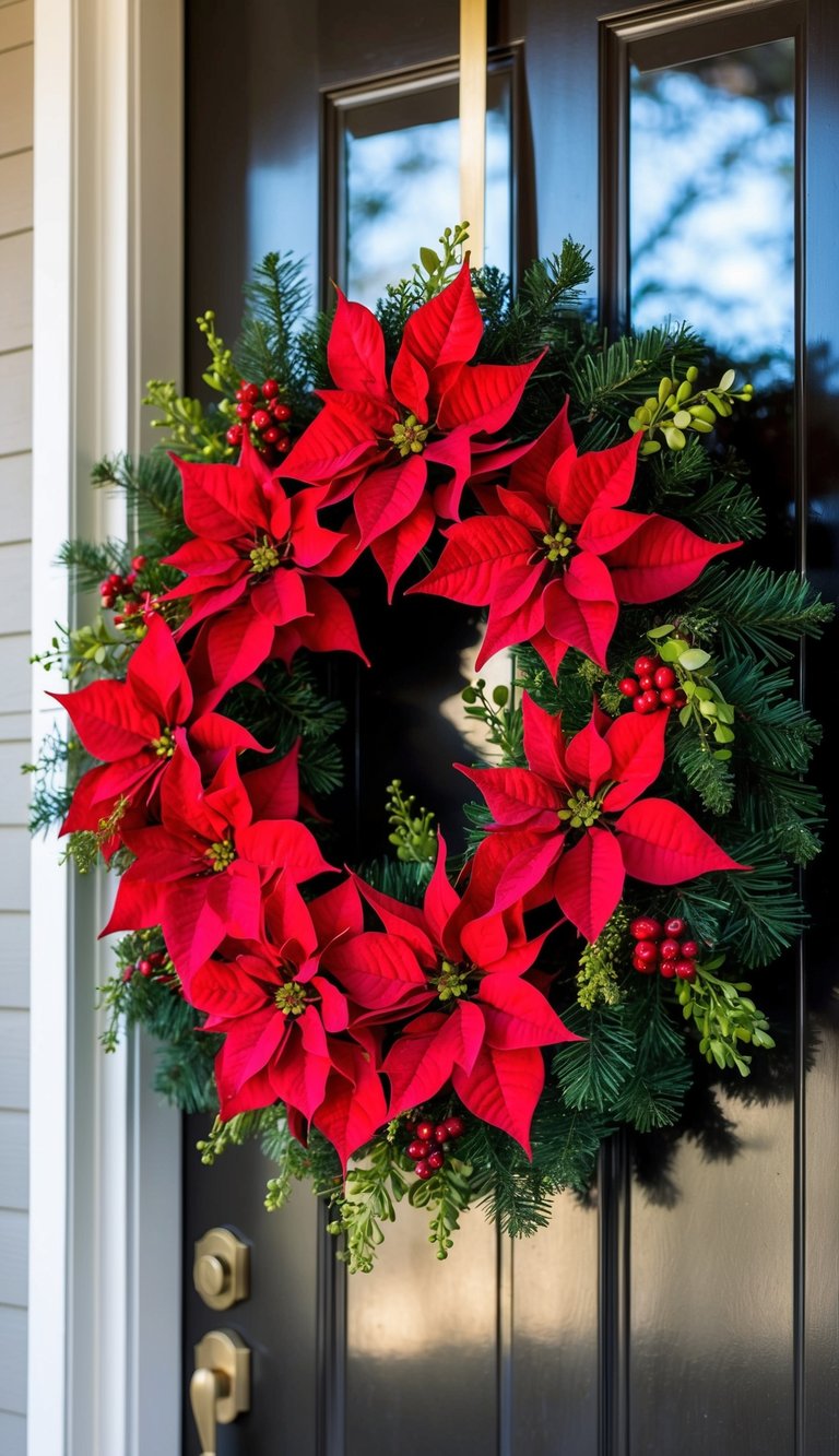 A festive wreath made of vibrant red poinsettia flowers, accented with green foliage and berries, hanging on a front door