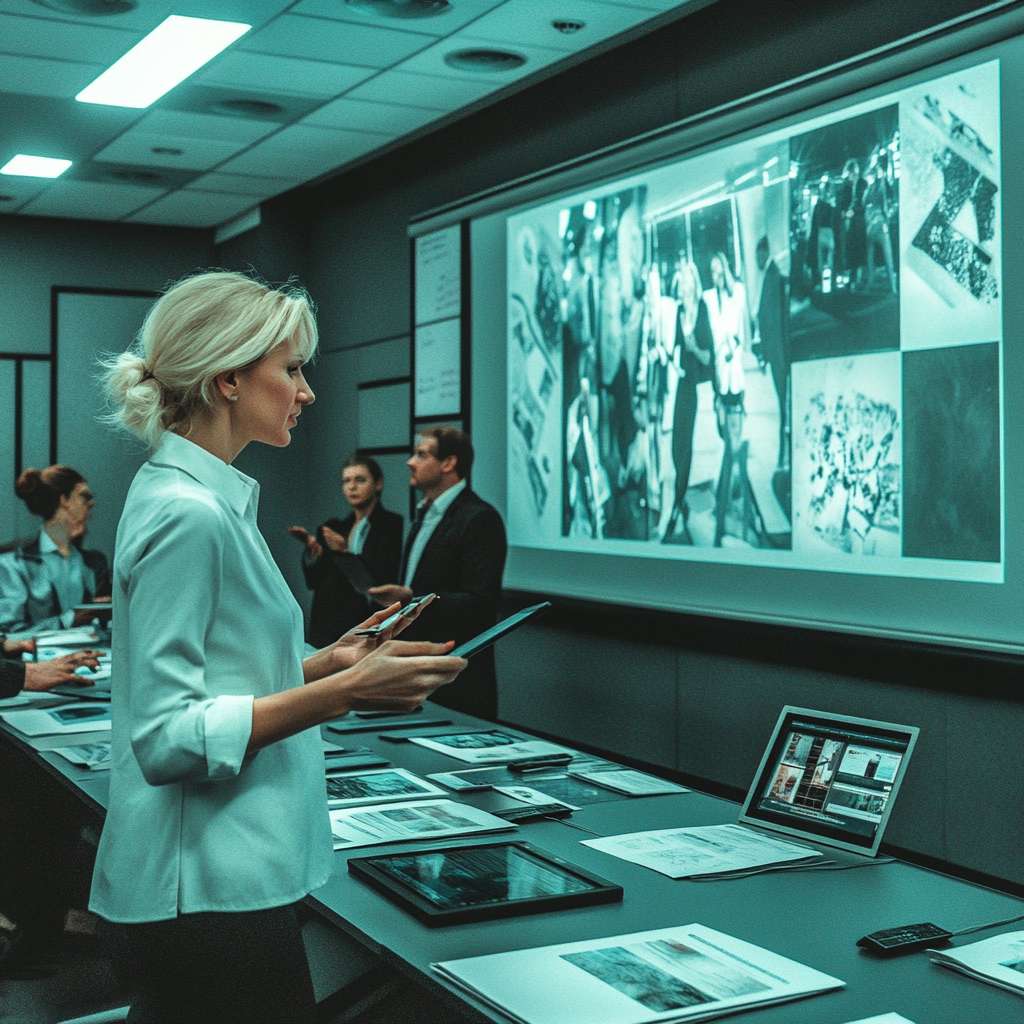 Executives participating in a decision-making simulation exercise in a high-tech meeting room, improving strategic and high-stakes decision-making skills.