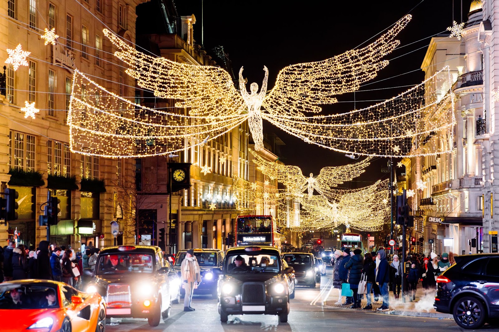 Christmas lights decorating Oxford Street in London during the holiday season