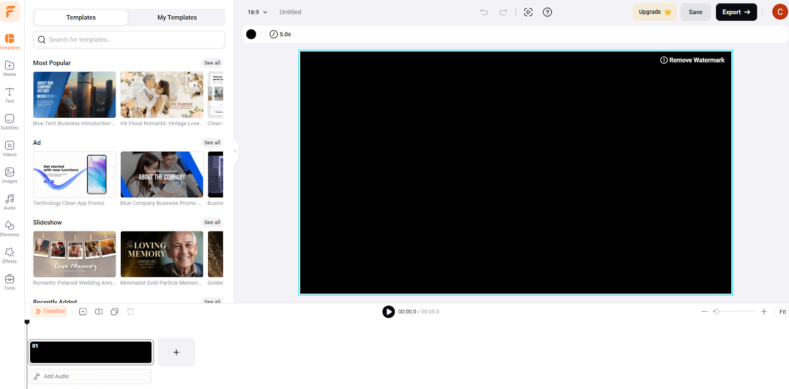 FlexClip templates displayed next to the main AI video generator editor window for easy selection.