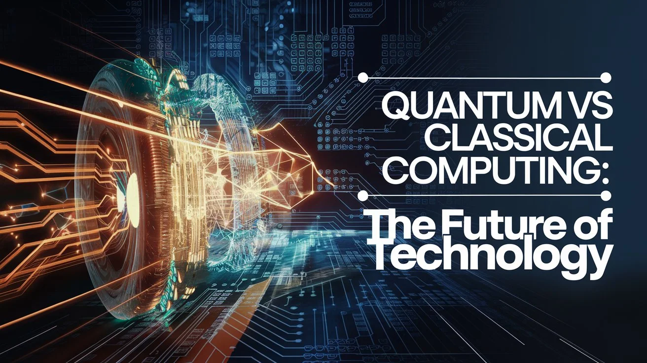 A futuristic quantum computer showcasing glowing qubits, with digital circuit patterns blending classical and quantum elements, overlaid with the title “Quantum vs Classical Computing: The Future of Technology.”