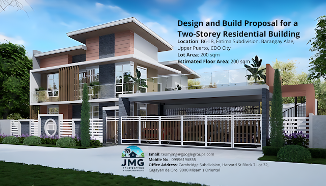 Design and Build Proposal for a Two-Storey Residential Building on a 200 sqm lot in Fatima Subdivision, Barangay Alae, Upper Puerto, CDO City. The image features a modern, two-storey house with large windows, a three-car garage, and a well-maintained garden. The building's exterior showcases a combination of light-colored plaster, wooden accents, and natural stone. The lot is enclosed by a stylish perimeter fence, and the image includes contact details for JMG Construction & General Merchandise.