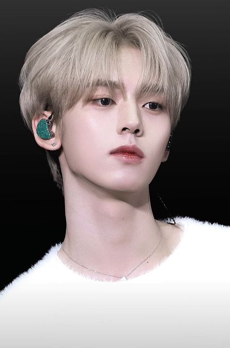 This contains an image of ZEROBASEONE's Yujin with ear piercings on his ears wearing a white shirt and fur coat