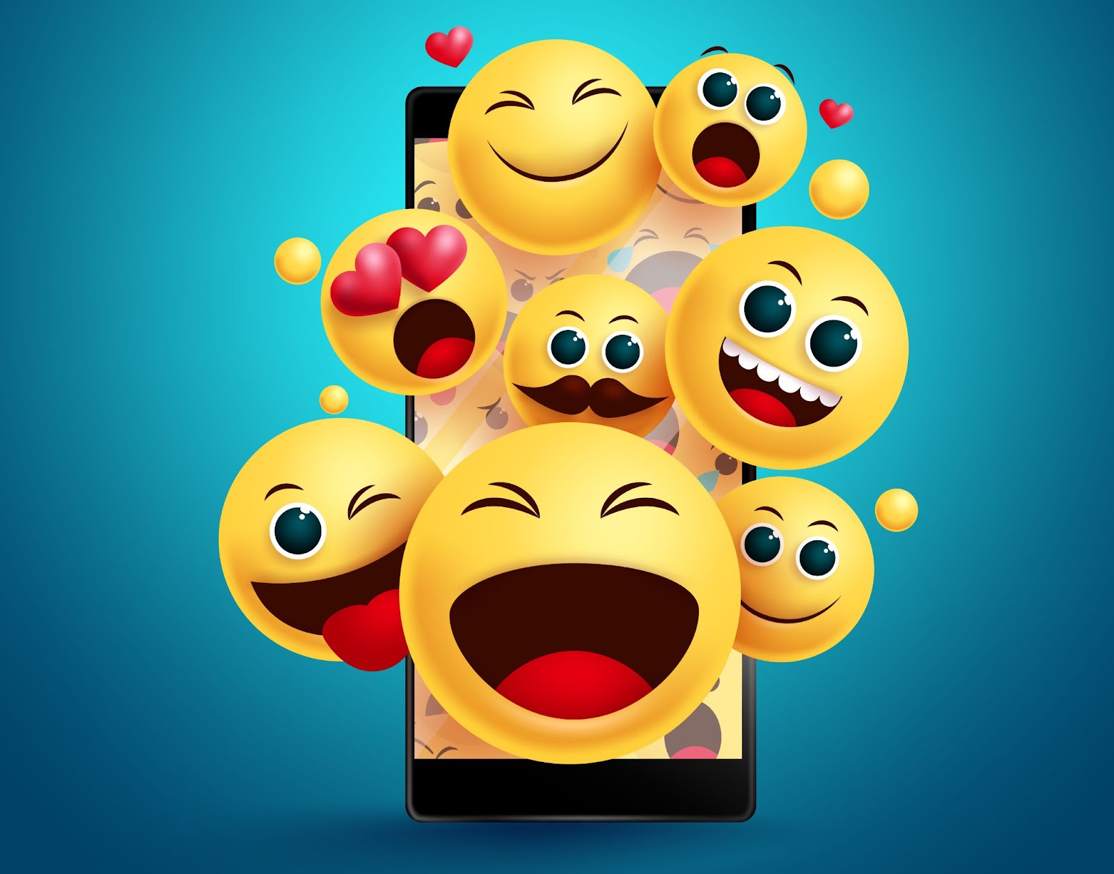 (A smartphone displaying various large yellow emoji faces, including ones that are laughing, winking, and smiling, against a blue background, showcasing expressions through emojis.)