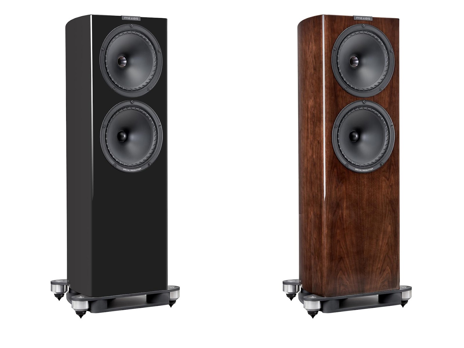 Fyne Audio F704SP floorstanding speakers in two colors: piano gloss black, and walnut.
