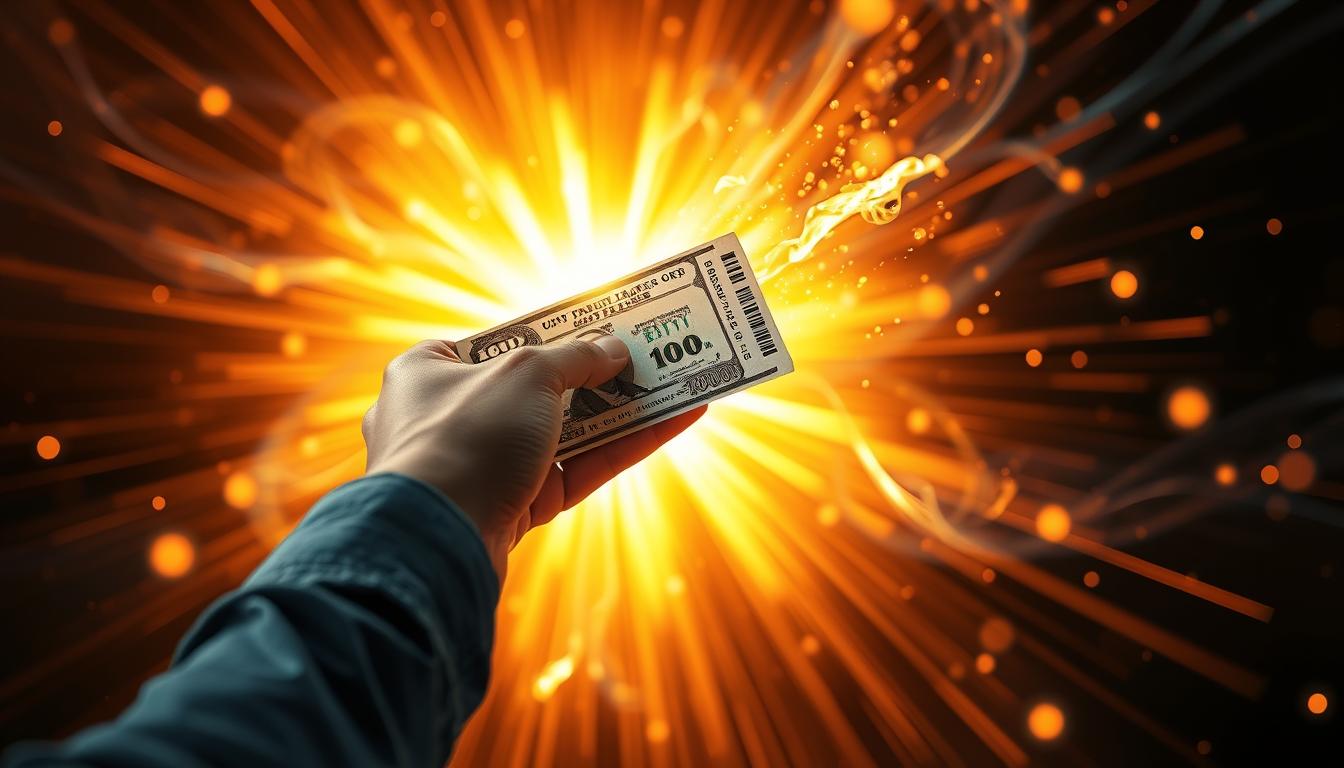 A hand releasing a lottery ticket into a stream of glowing light, symbolizing the act of letting go of control and trusting in the universe to bring forth lottery success.