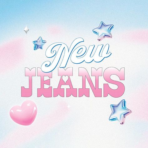 This contains an image of  the words new jeans written in pink, blue and silver stars on a pastel background