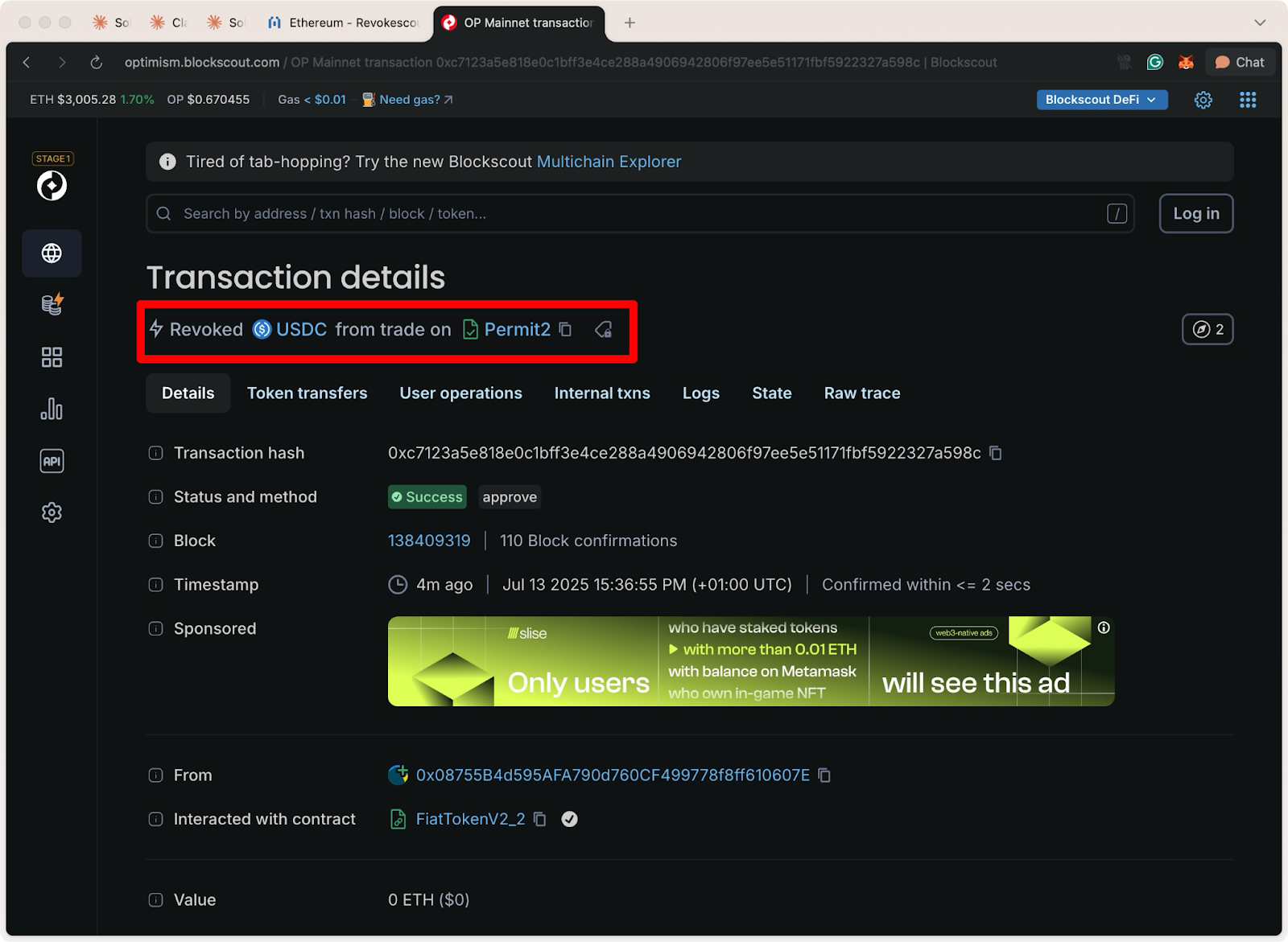 Blockscout transaction details showing successful USDC approval revocation using Permit2 on Optimism network, with transaction hash, status, and contract info displayed.”
