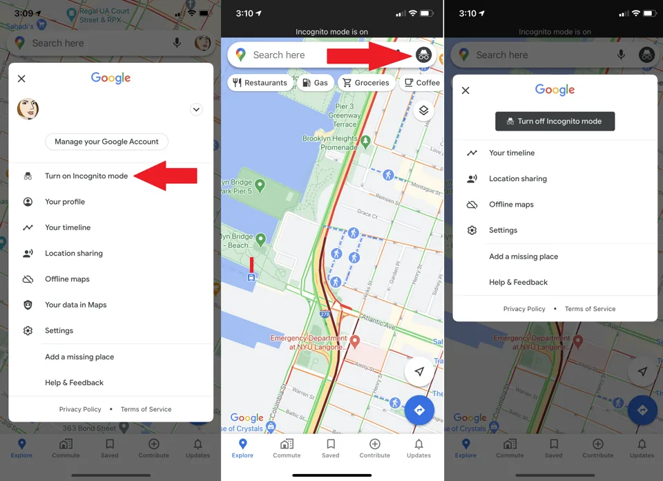 screengrabs of Incognito mode in Google Maps