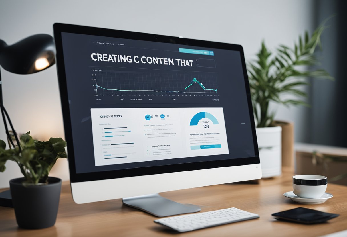 A computer monitor displaying a webpage titled "Creating Content That Ranks Is SEO Still Worth It in 2025? Here’s What You Need to Know" with various charts and graphs