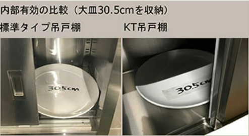 「内部有効の比較（大皿30.5cmを収納）」と題された比較画像。左側の「標準タイプ吊戸棚」では、大皿が扉に干渉して斜めにしか入らない。右側の「KT吊戸棚」では、扉のレールがないため大皿がスムーズに収納できている様子が示されている。