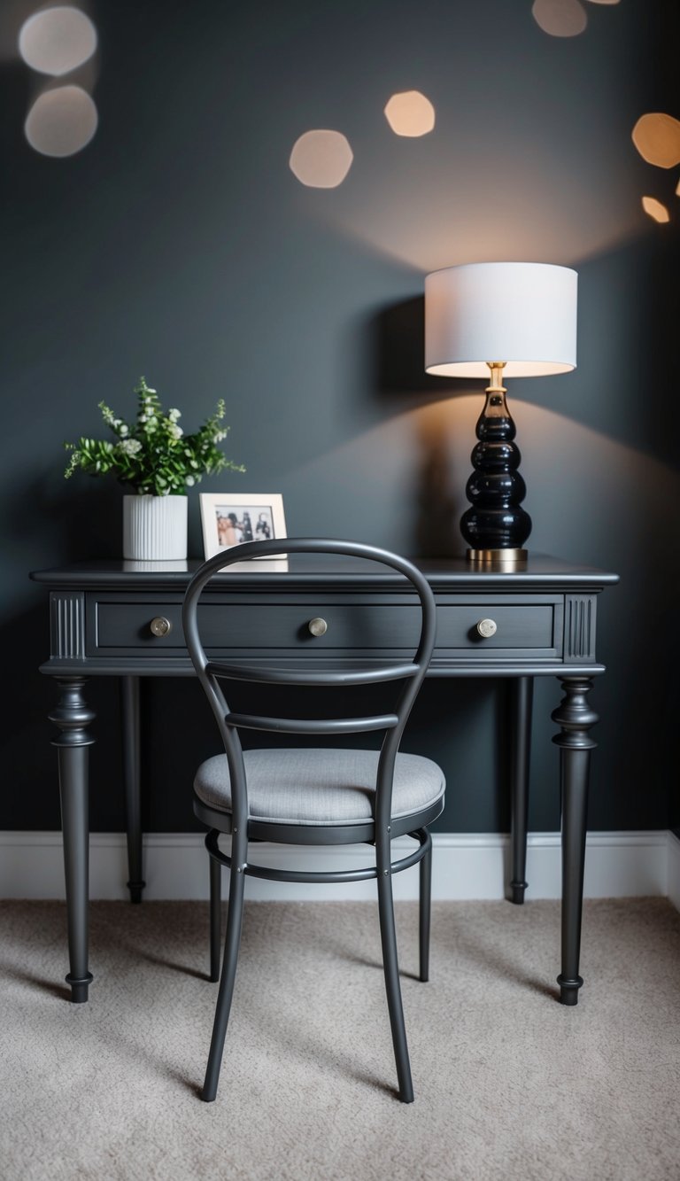 A dark pewter desk in a bedroom with black and gray decor