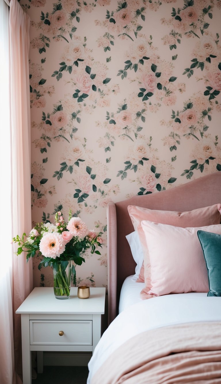 A cozy bedroom with a floral pink wallpaper, soft pink bedding, and a vase of fresh flowers on a bedside table