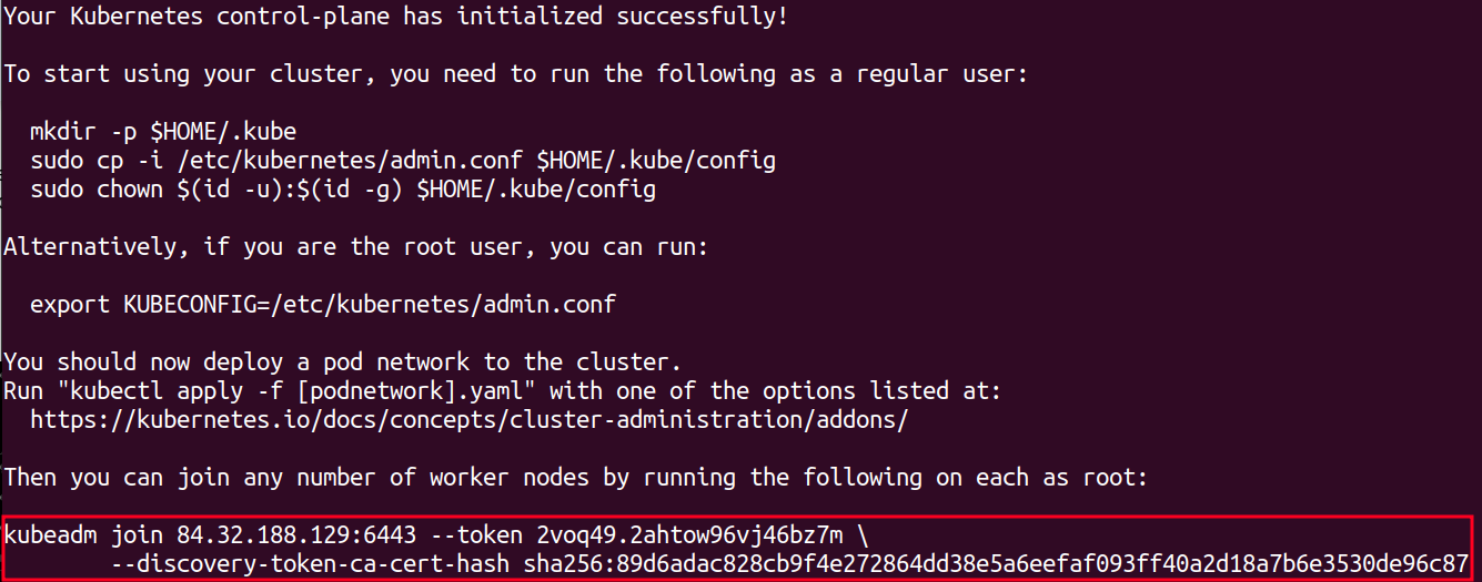 kubeadm init command successful