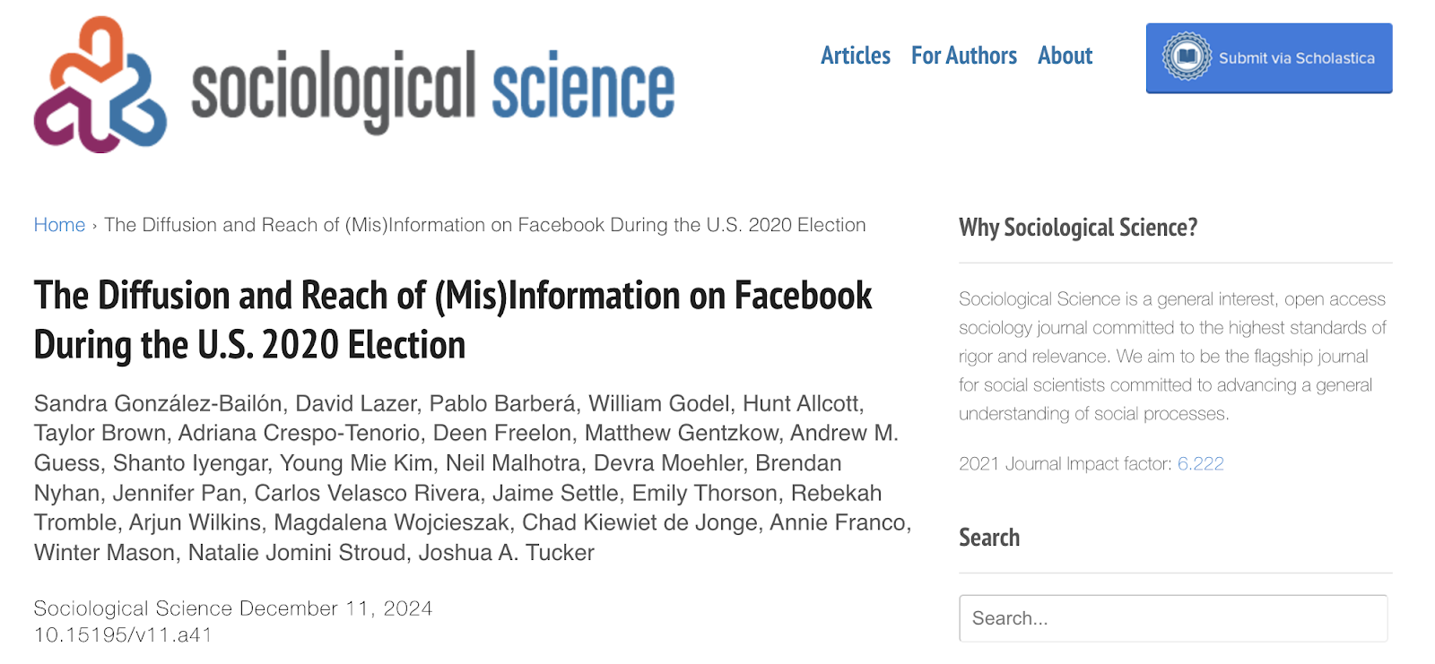 The Spread of Misinformation on Facebook During the 2020 U.S. Elections