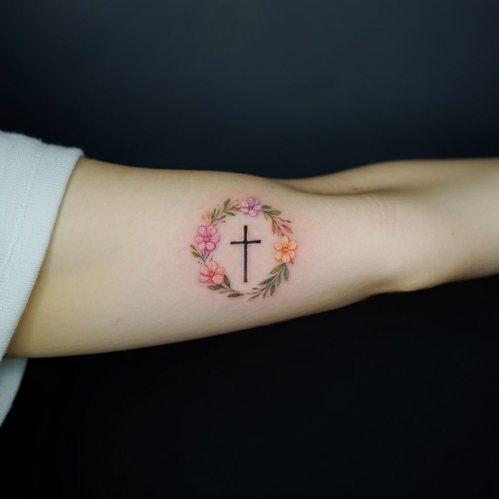Cross with Flowers Tattoo on arm