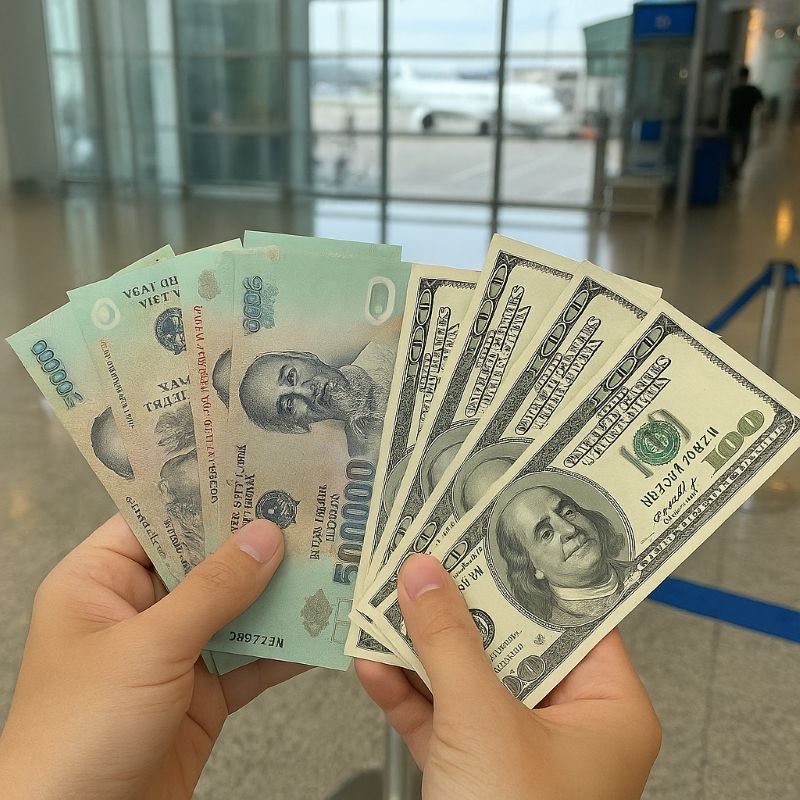 Du khách cầm tiền VND và USD trước sân bay quốc tế