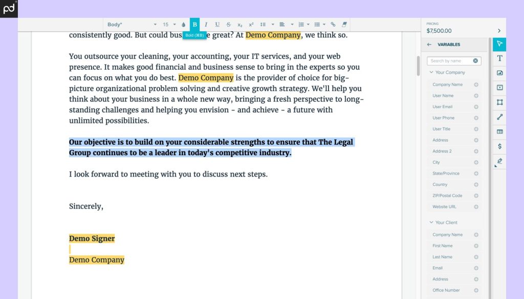 An Image Of The Proposify Document Editor. Text Has Been Added To The Text Block And Bolded Using Formatting Tools