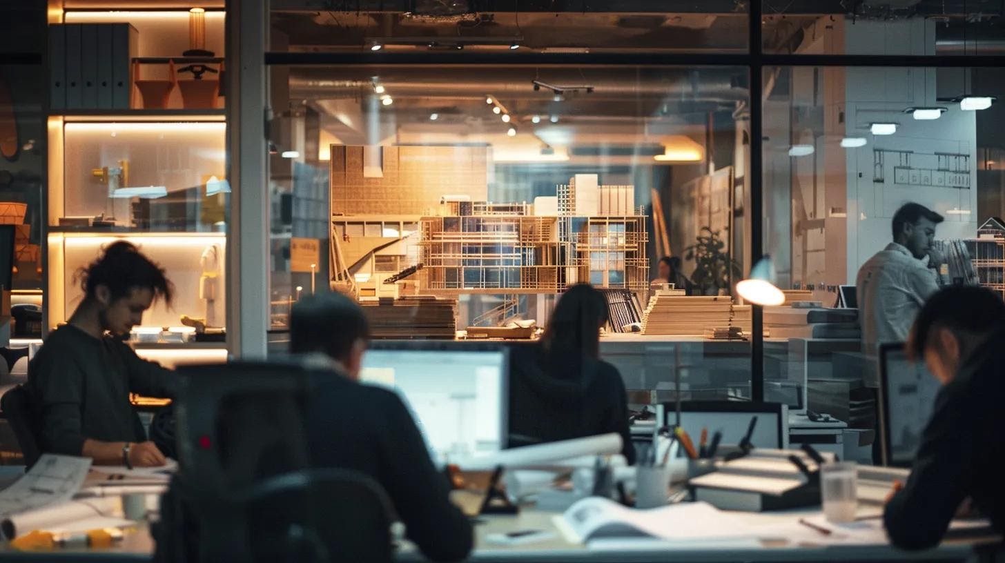 a modern, sleek construction office bustling with activity, featuring architects and engineers collaboratively reviewing blueprints and digital models of a luxurious dream home under the warm glow of overhead lighting.