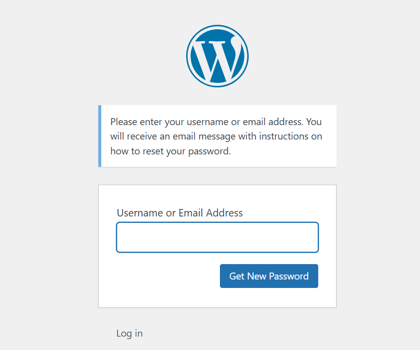 a screenshot of WordPress log in page after clicking lost your password? button