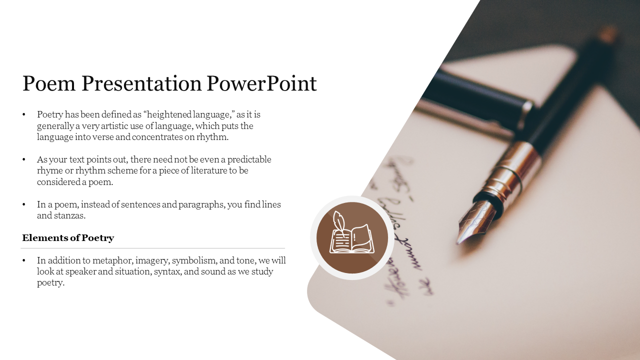 PowerPoint slide on poetry elements with a close-up of a fountain pen on paper and a circular icon of a book with a quill.