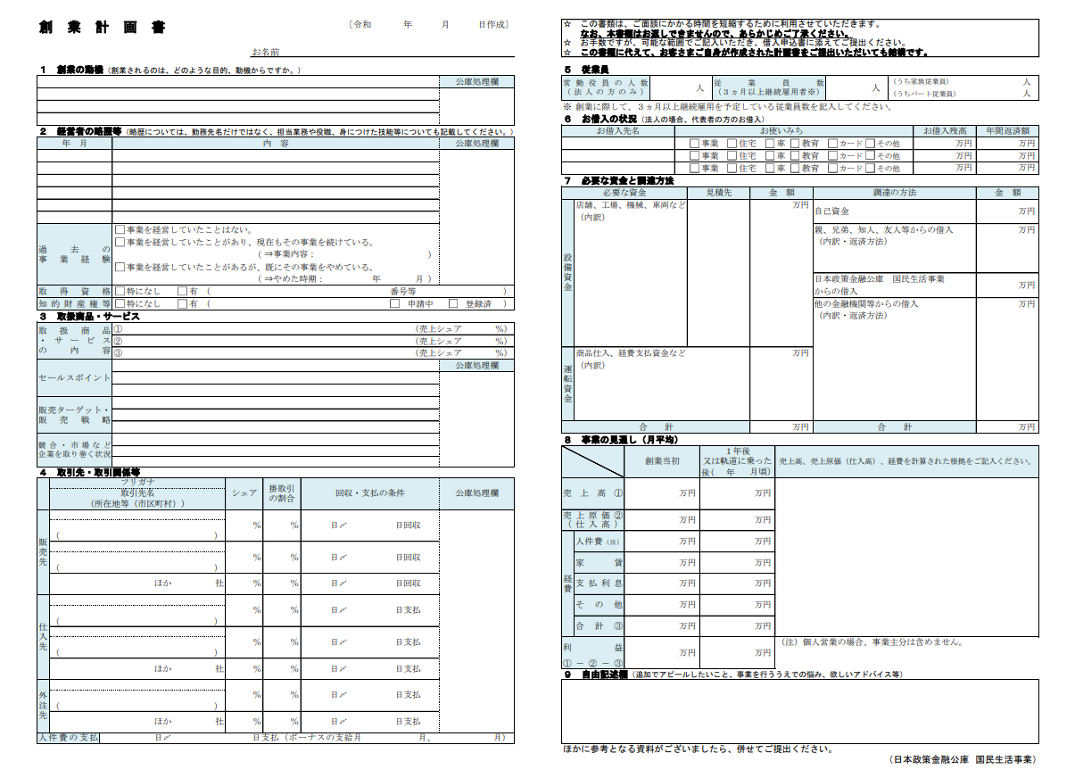 創業計画書のひな形