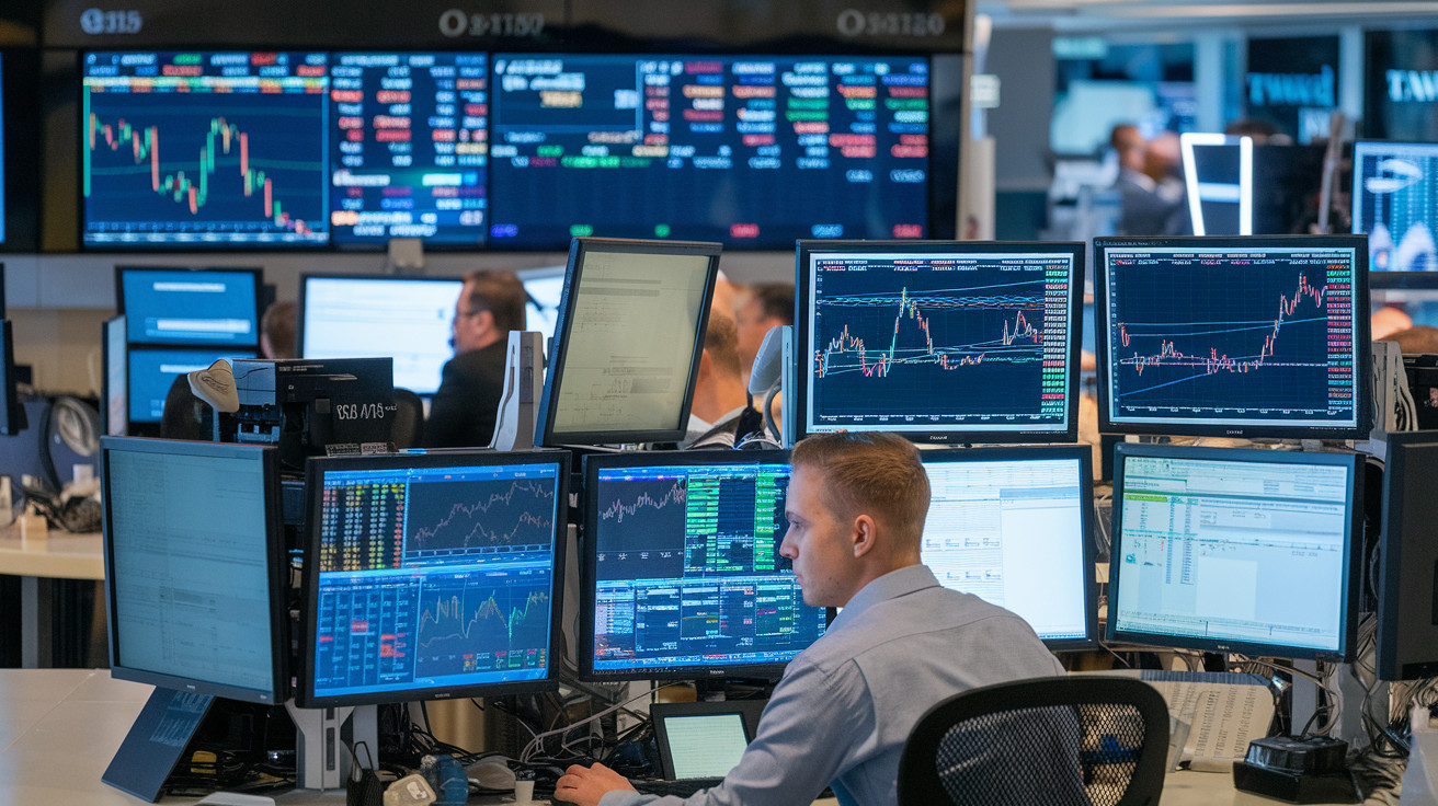 Create a realistic image of a modern trading desk with multiple computer monitors displaying stock charts, candlestick patterns, and real-time market data. A white male trader in his 30s wearing a business casual outfit is intensely focused on the screens, analyzing intraday price movements. The background shows a busy trading floor with other traders at similar workstations. The lighting is bright and professional, emphasizing the fast-paced nature of intraday trading.