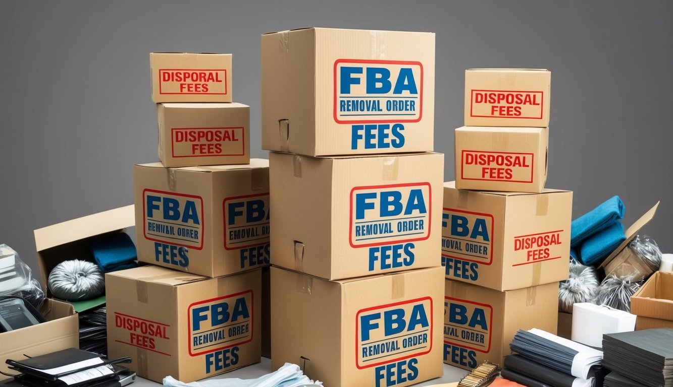 A stack of cardboard boxes labeled "FBA Removal Order Fees" surrounded by piles of various items, with a large red "disposal fees" stamp on each box