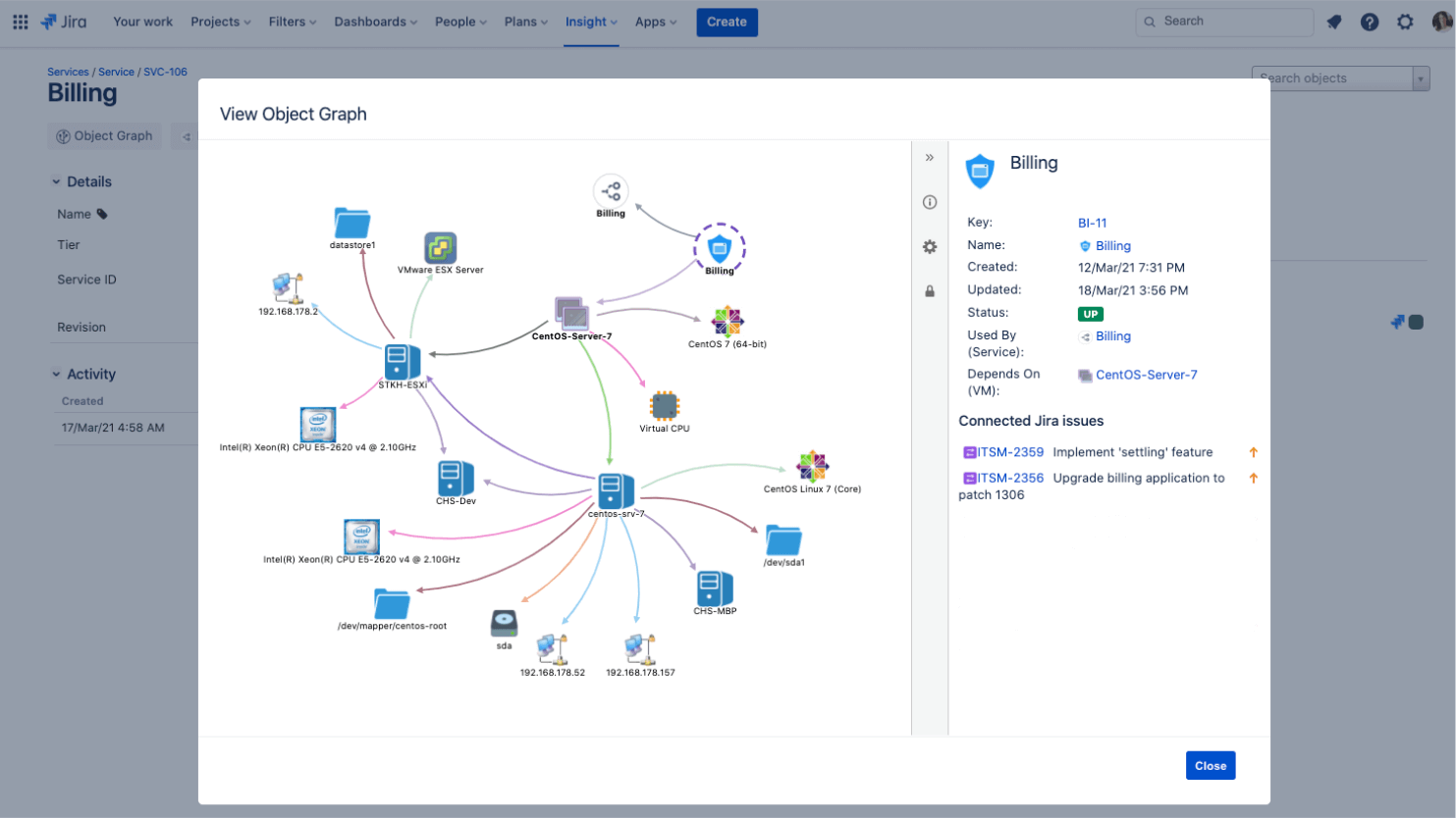 Jira CMDB interface displaying an object graph for a Billing service, illustrating IT infrastructure relationships and configuration items in the database. 