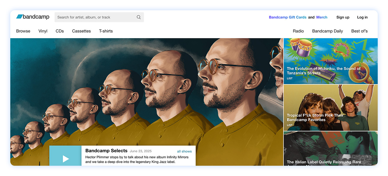 Screenshot of the Bandcamp homepage featuring a banner for “Bandcamp Selects” with Hector Plimmer and three featured articles on global music trends and artist picks.
