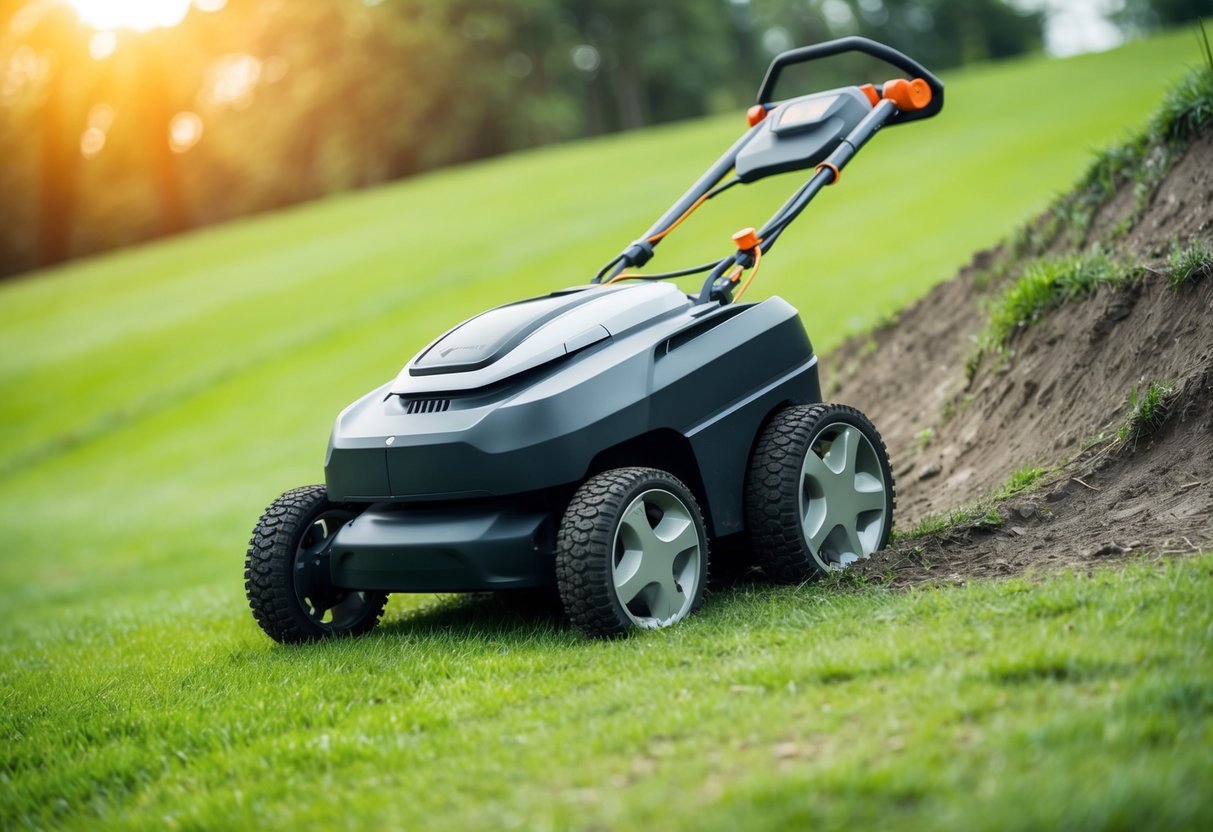 A robotic lawn mower navigating a steep slope with ease, cutting grass on uneven terrain