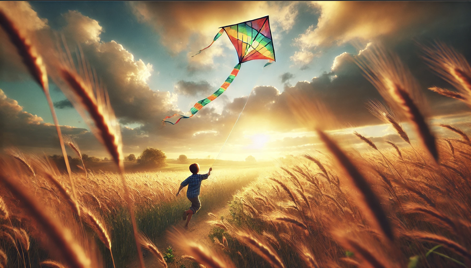 A young boy running through a golden wheat field at sunset, flying a colorful kite into the sky, symbolizing a joyful memory or nostalgic flashback.