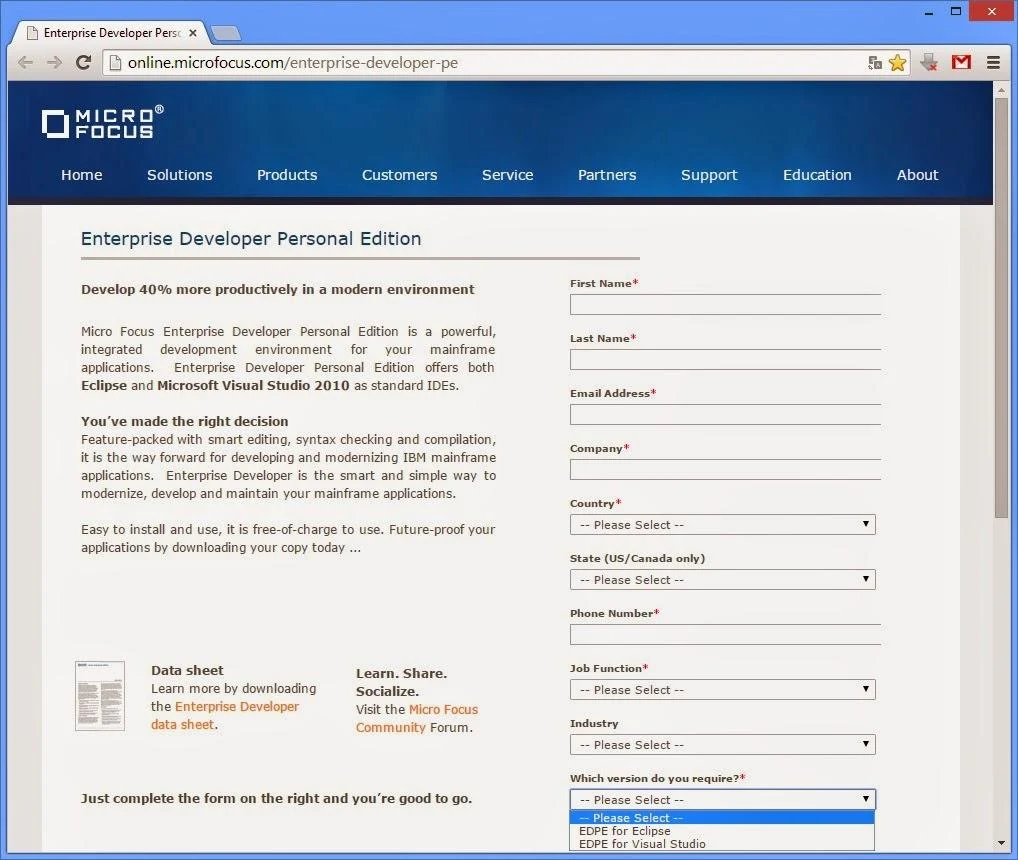 Print do site Micro Focus Enterprise Developer