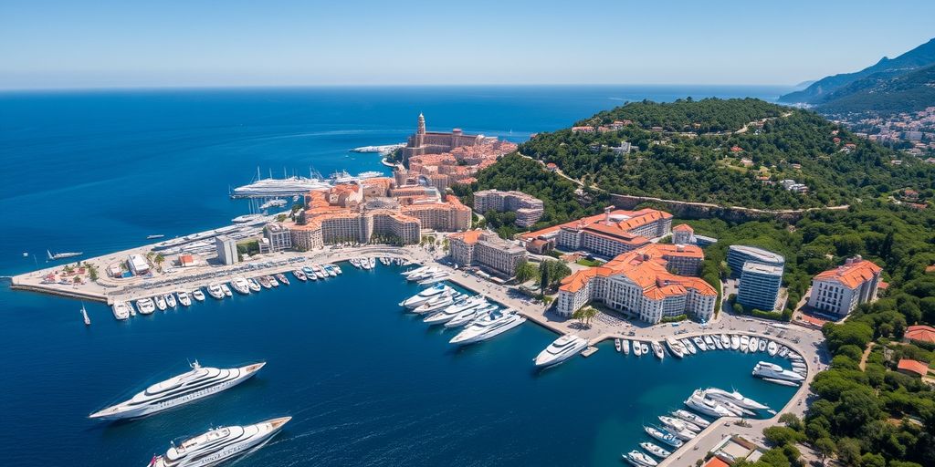 Aerial view of Monaco's coastline with yachts and sea