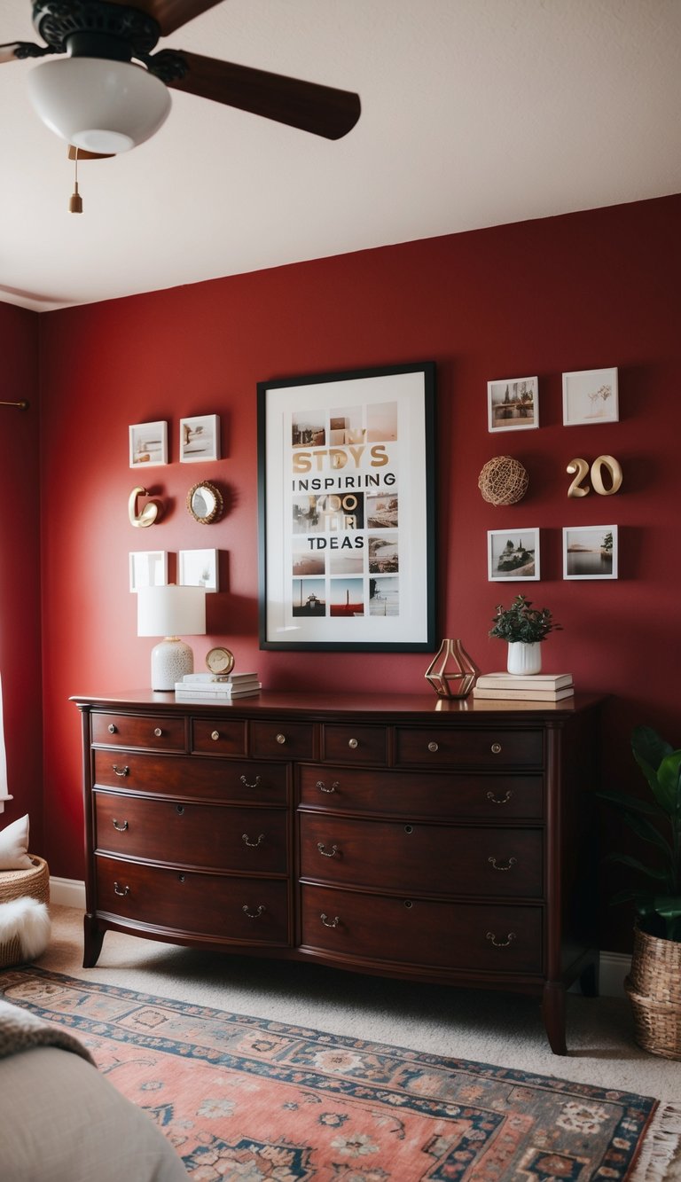 A mahogany dresser stands in a cozy red bedroom, surrounded by 25 inspiring decor ideas