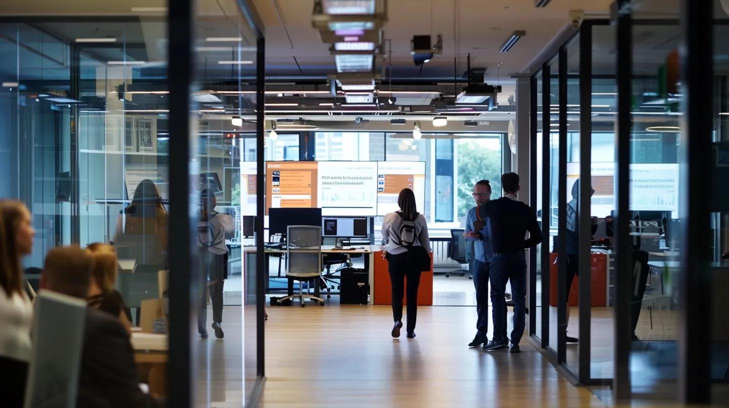 a modern office workspace features a large digital screen showcasing a dynamic interface of a website's breadcrumb navigation and internal linking strategies, with an engaged team of professionals analysing user journey optimisation.