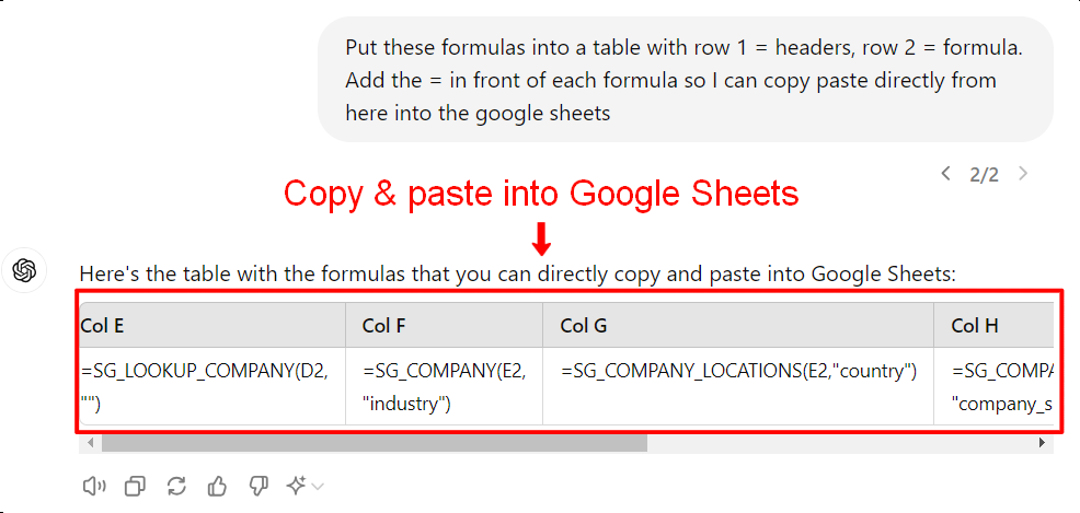 ChatGPT creating a table with Google Sheets formula for easy copying and pasting