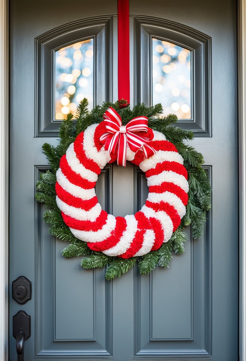 A festive peppermint twist wreath hanging on a front door