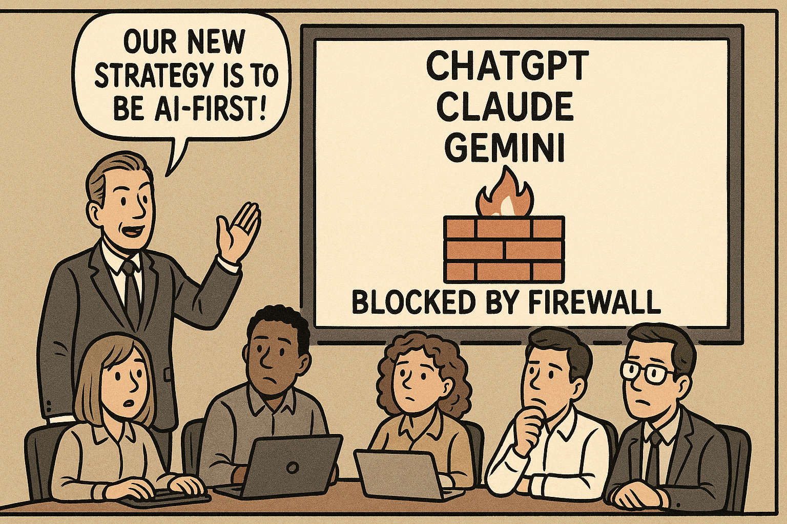 A CEO in a suit addresses a team of five seated employees in a conference room. Behind him, a screen reads “ChatGPT, Claude, Gemini” above a firewall graphic and “Blocked by Firewall.” The CEO says, “Our new strategy is to be AI-first!” while the team looks confused and concerned.