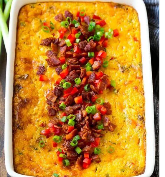 Corn casserole in white baking dish