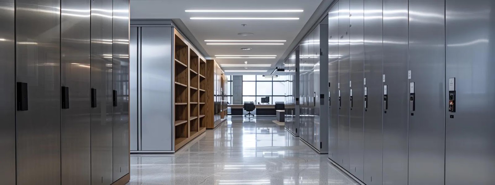 a sleek, modern office space features a row of secure, powder-coated metal lockers seamlessly integrated into its minimalistic decor, reflecting stylish functionality for storage solutions in professional environments.